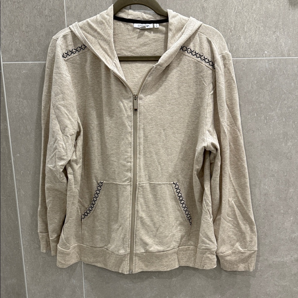 Chico's Beige Hoodie with dark navy/black stitching accents